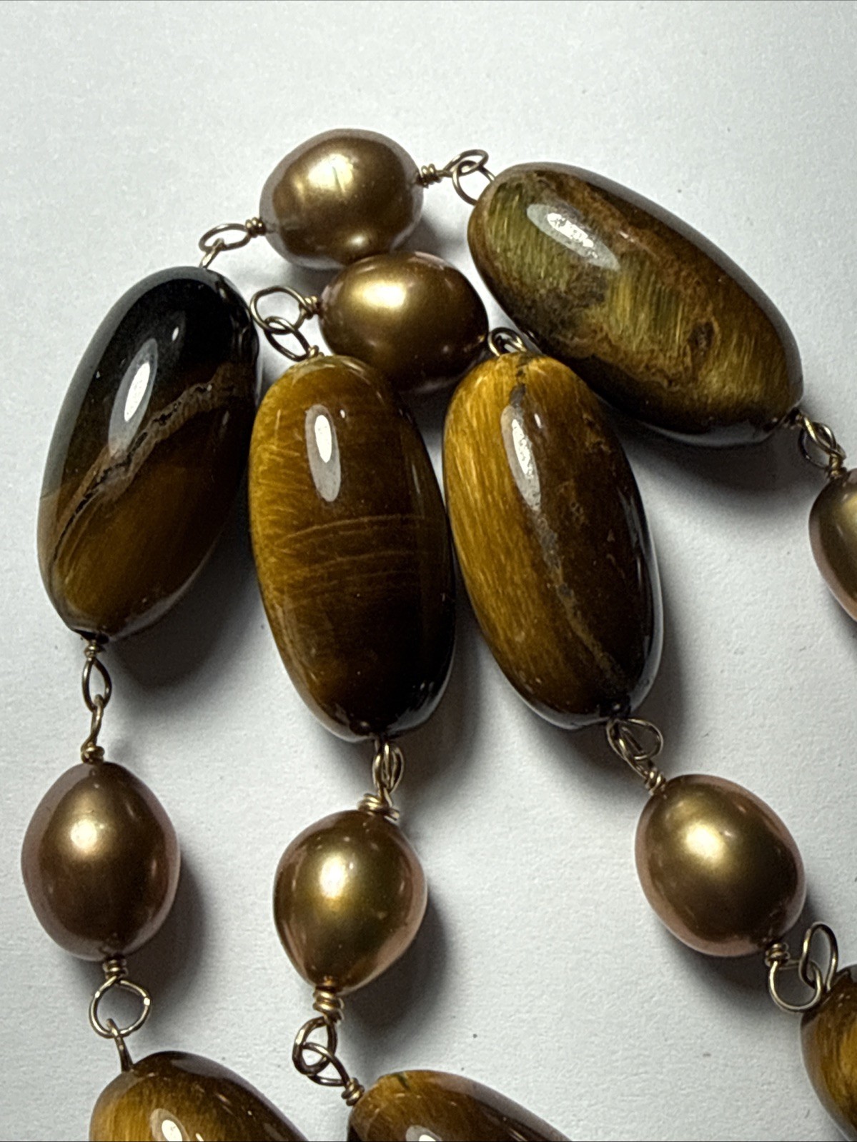 Necklace 2 Strand Tiger’s Eye Cultured Pearl Vermeil Toggle Clasp Vintage Unused