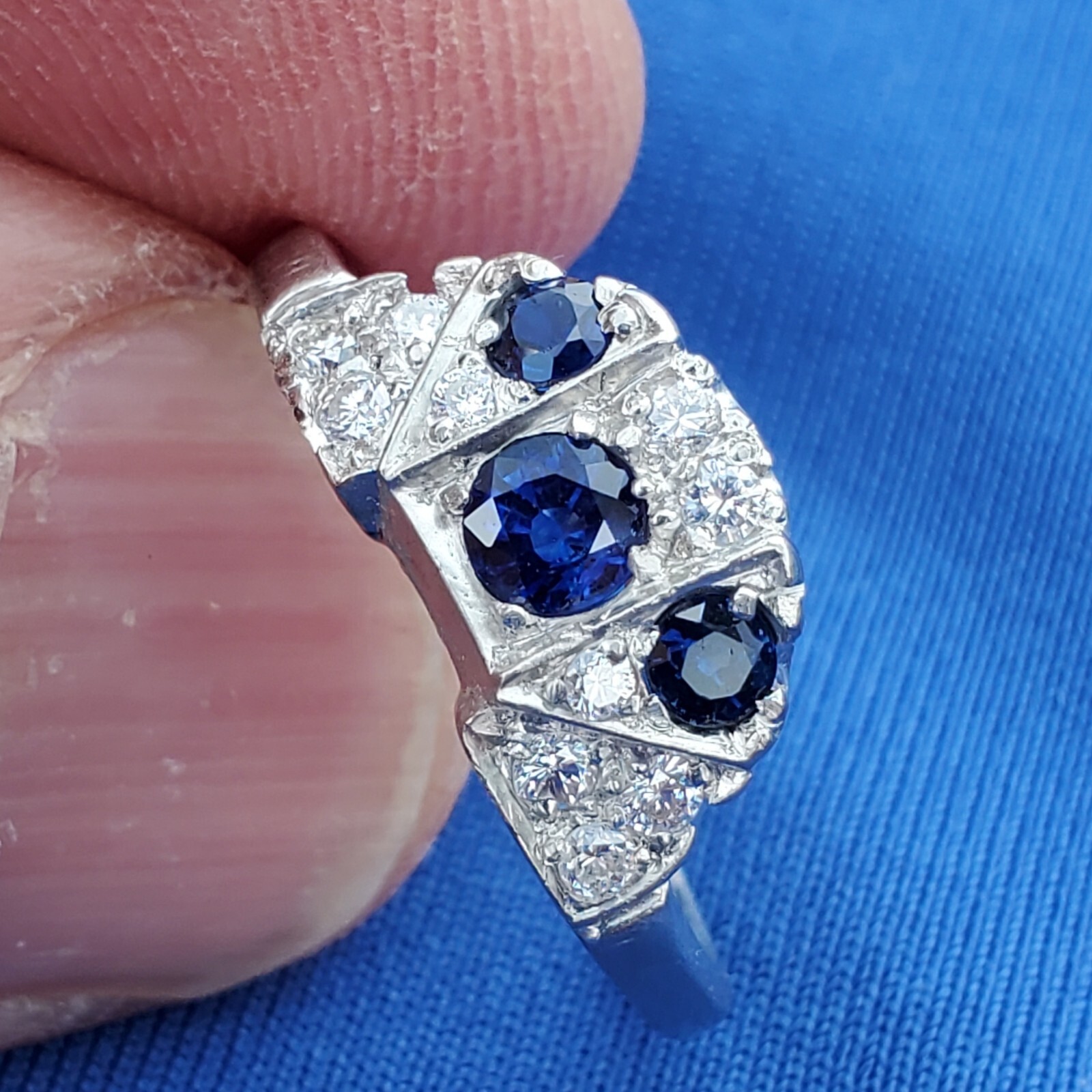 EARTH MINED SAPPHIRE DIAMON Deco Wedding Band Unique Vintage SOLID PLATINUM Ring
