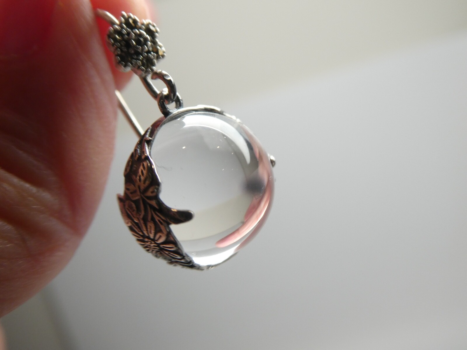 Genuine Pool Of Light Sterling Silver 925 Floral Orb Marcasite Dangle Earrings