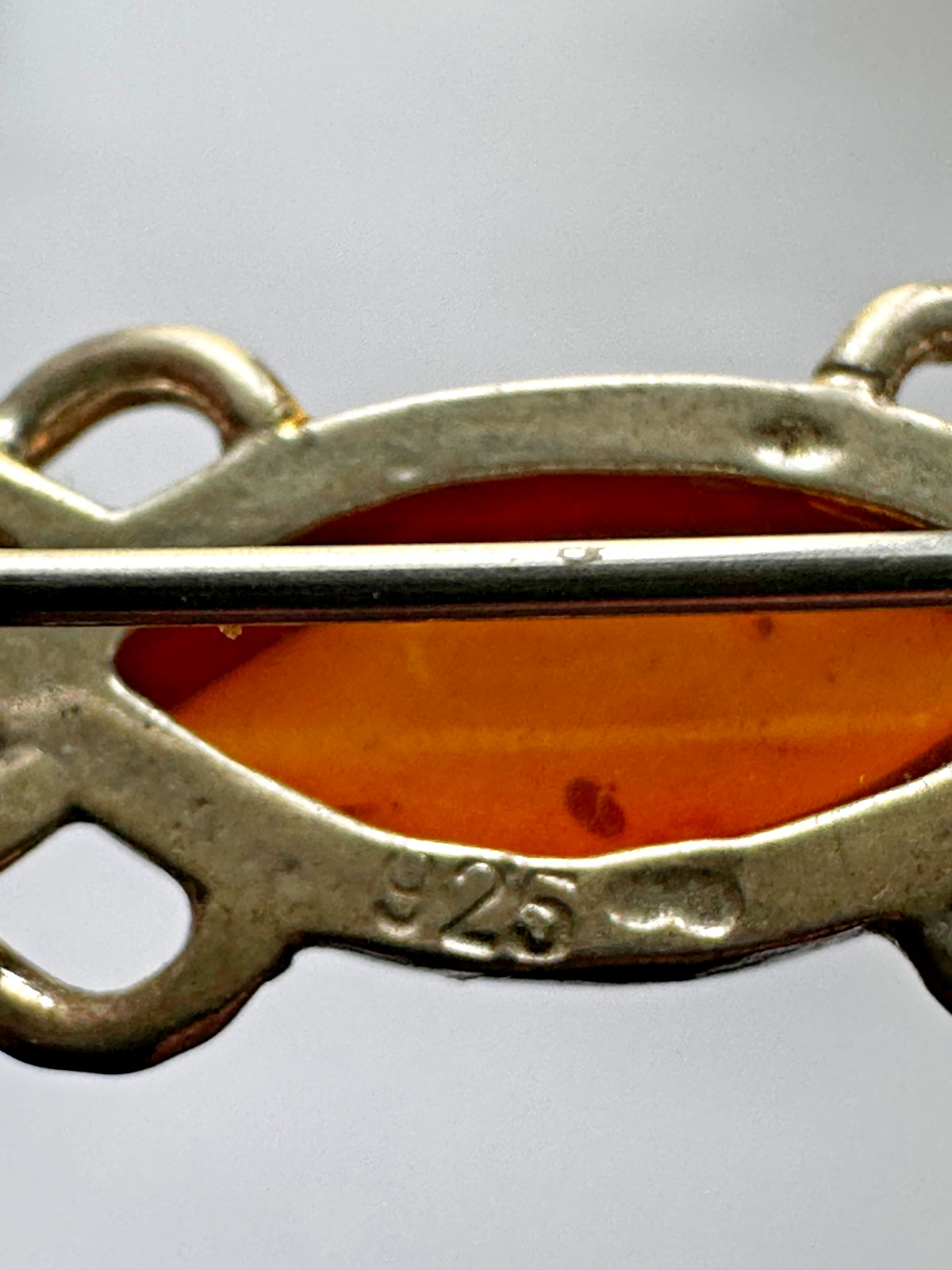 Vintage Sterling Silver 925 Amber Bar Brooch Celtic Knot Design 2″ Pin