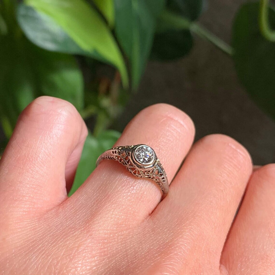 Filigree Solitaire Bezel Set Moissanite Vintage Retro Ring 935 Argentium Silver