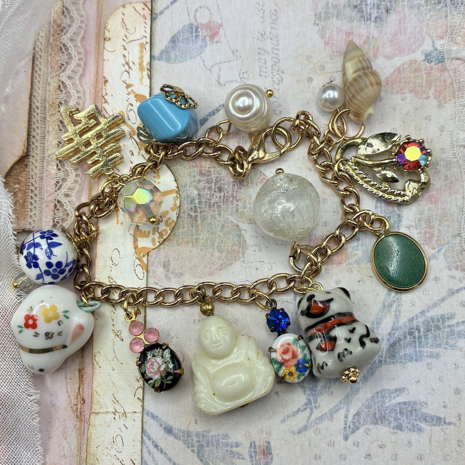Vintage Eclectic Custom Charm Bracelet + Vtg Charms: Dog, Rabbit,Floral, Buddha+