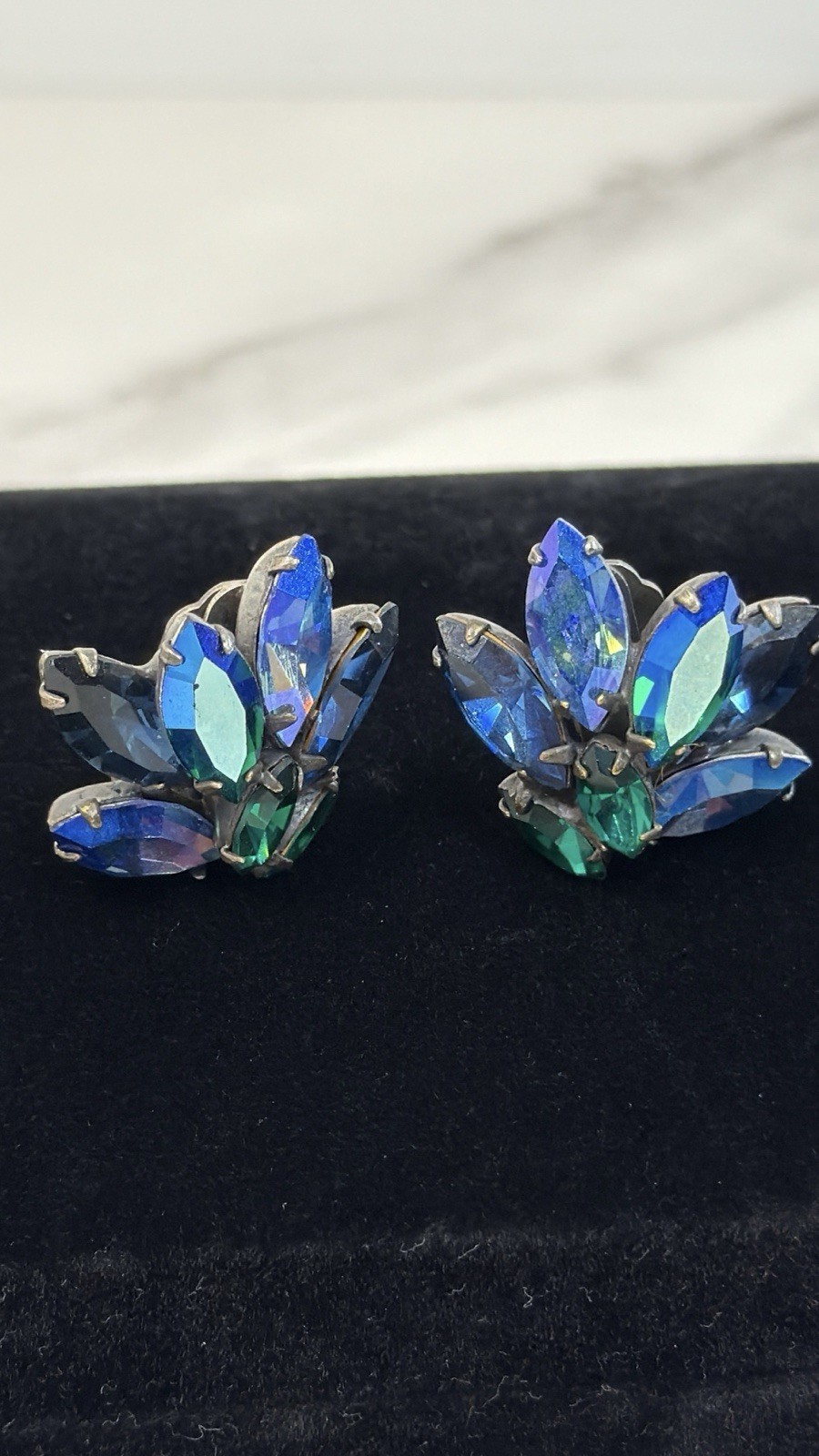 Signed REGENCY Electric Blue/Green Swirl AB Rhinestone Brooch/Earring Vtg Set