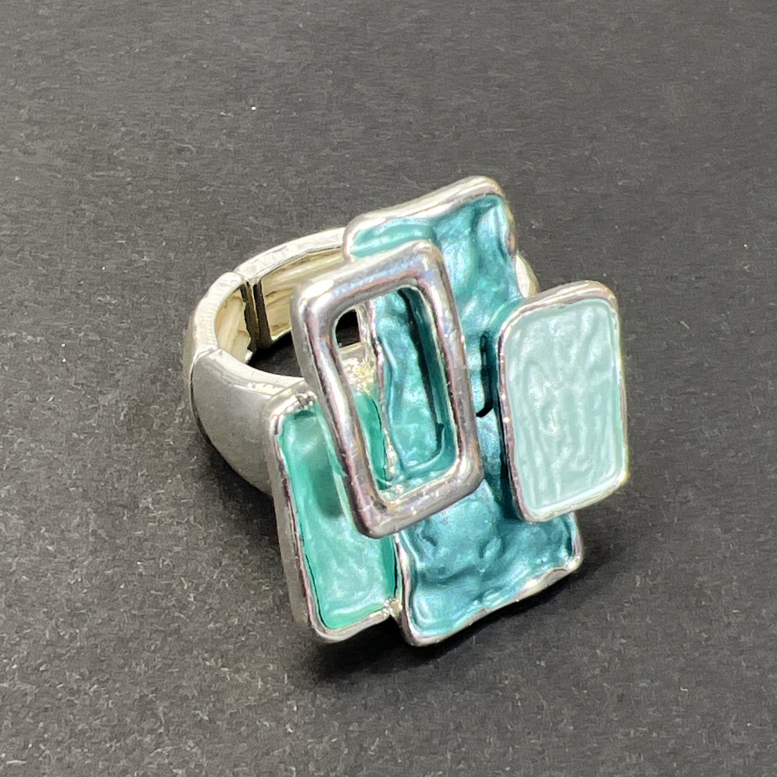 Turquoise Enamel Rectangle Stretch Ring Vintage Silver Tone Size 7+