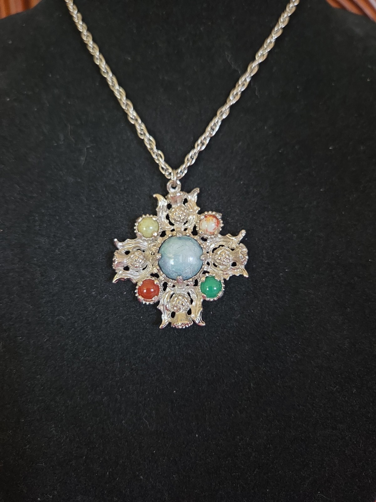 Vintage Scottish Thisel Pendent With Natural Stones 12 In Chain Signed Jacobite