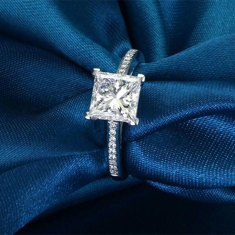Art Deco Style Princess Lab Created Diamond Anniversary 14K White Gold FN Ring
