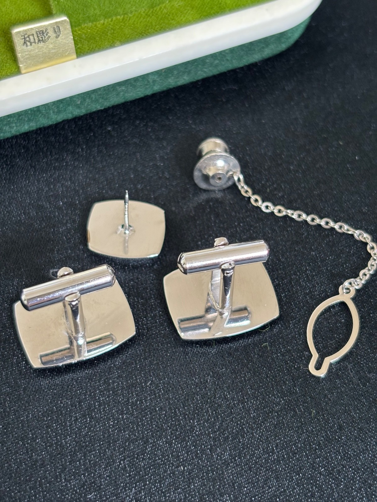 Vintage Phoenix Japanese Wabori Plum Blossom Cufflinks & Tie Clip Set w/ Origina