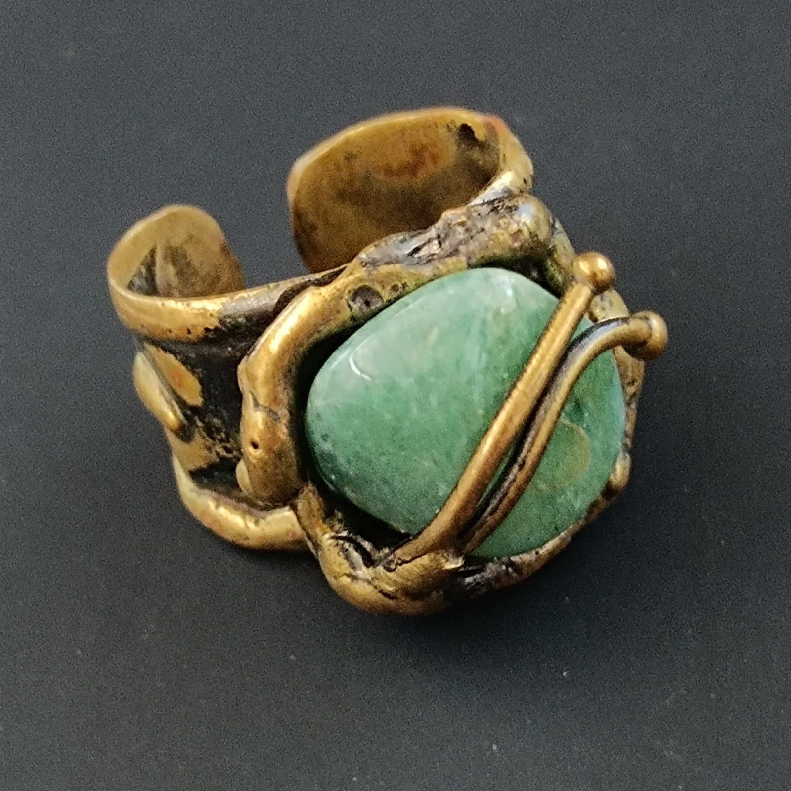 Brutalist Boho Ring Green Stone Organic Art Nouveau Revival Adjustable Statement