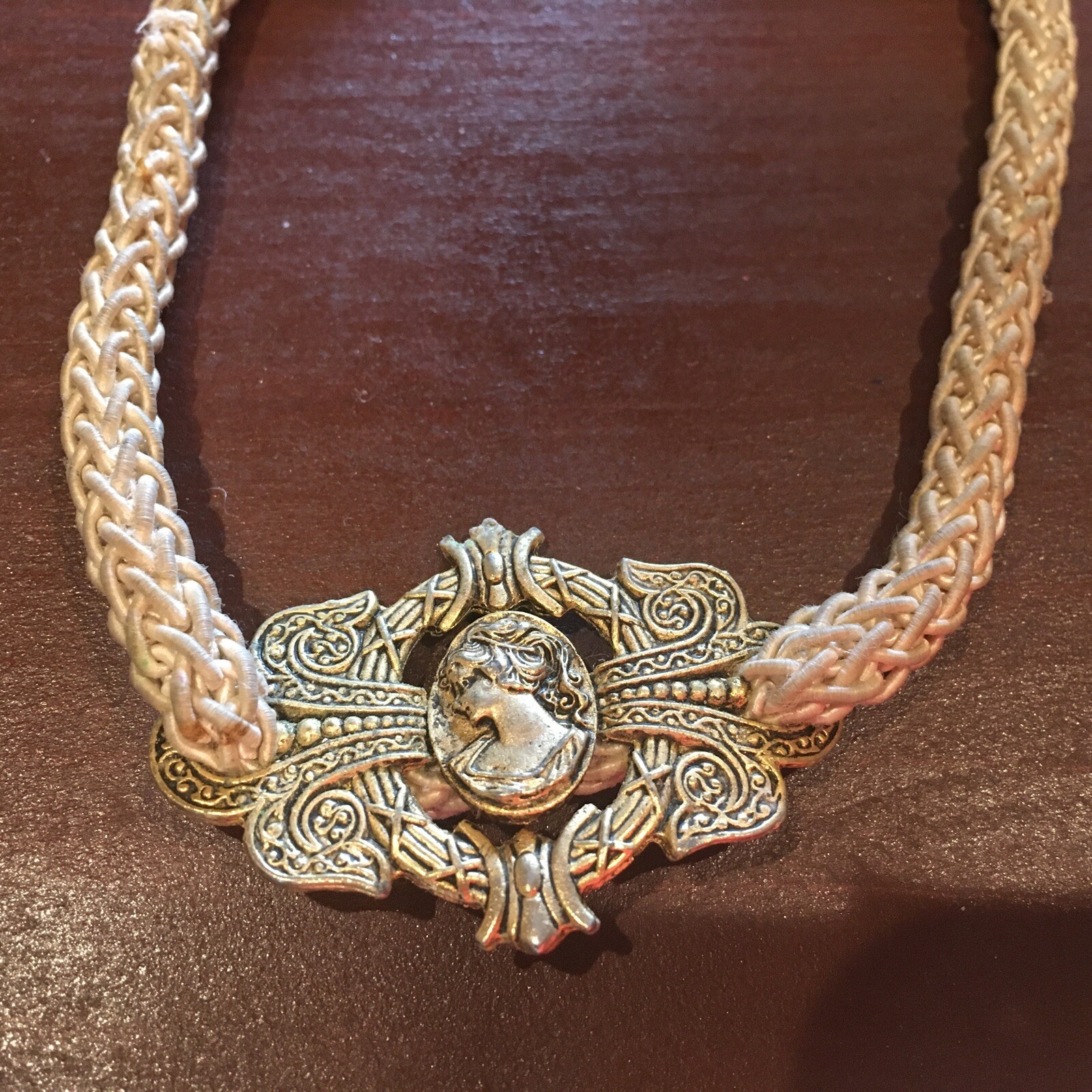 Unique Corded Necklace Bone Color And Goldstone Marked EH Victorian