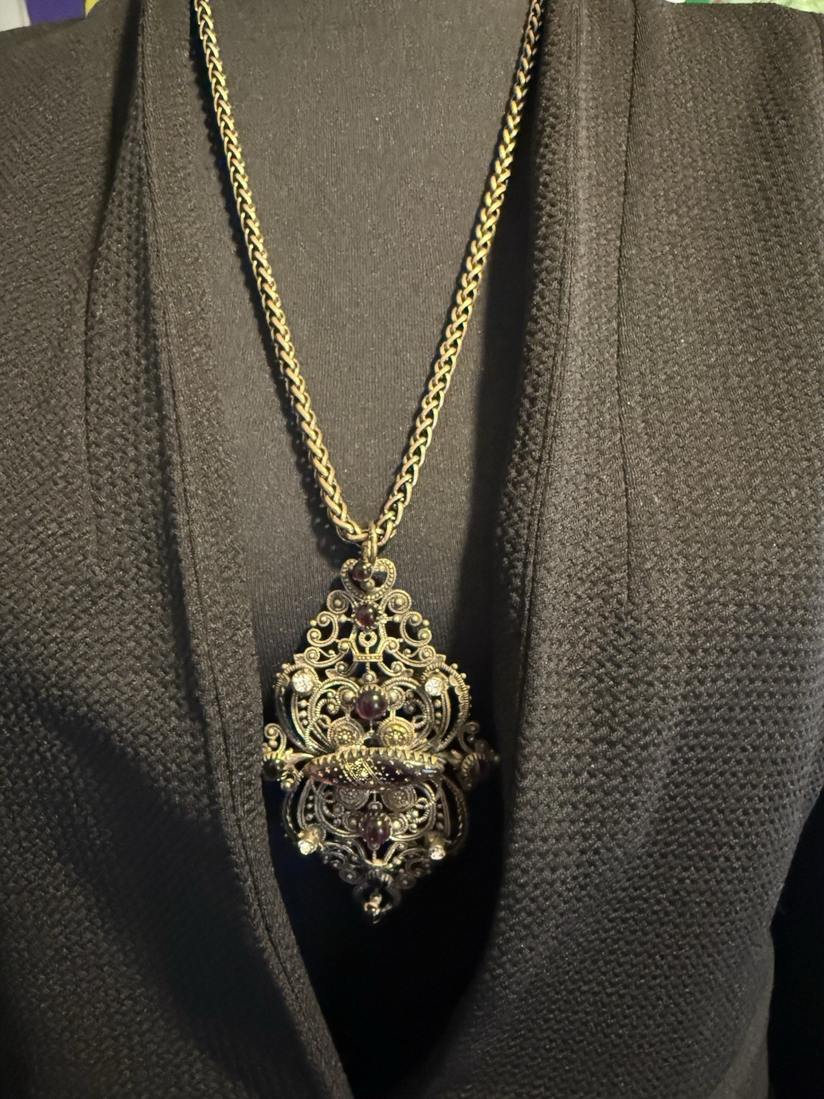 12.71 Vintage Gothic Filigree Pendant Necklace Purple Glass Rhinestone Statement