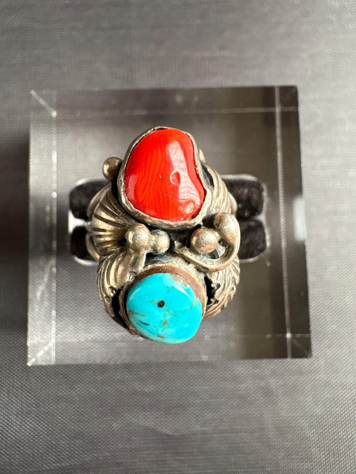 Vintage Silver Native American JW Turquoise & Coral Ring Size 6.5 US