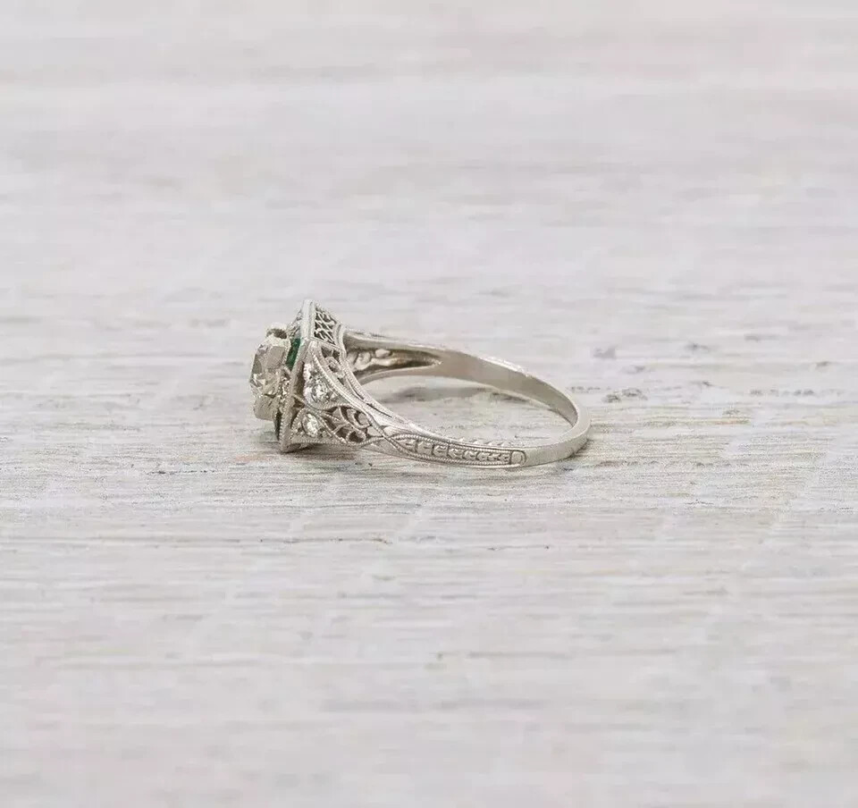 2Ct Art Deco Vintage Style Lab Created Diamond & Emerald 14K White Gold FN Ring
