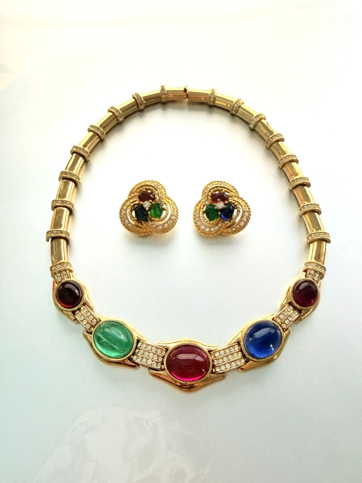 CINER 1980s Gold Tone Gripoix Cabochon Rhinestone Bar Link Necklace Earrings Set
