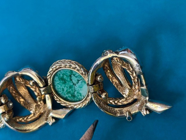 MARCEL BOUCHER TURQUOISE ART GLASS CABOCHONS & RHINESTONE BRACELET SIGNED/NUMBER