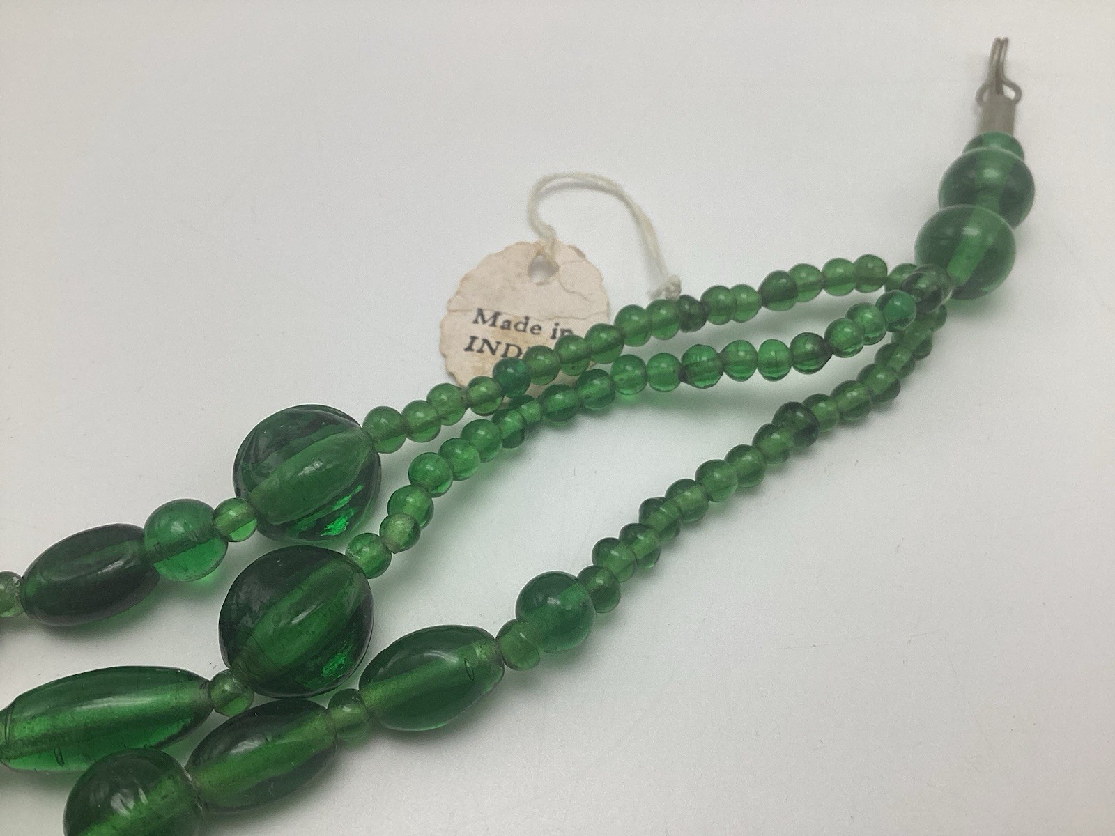 Vintage Emerald Green Glass Beaded Multi 3 Strand Necklace Made In India 19”