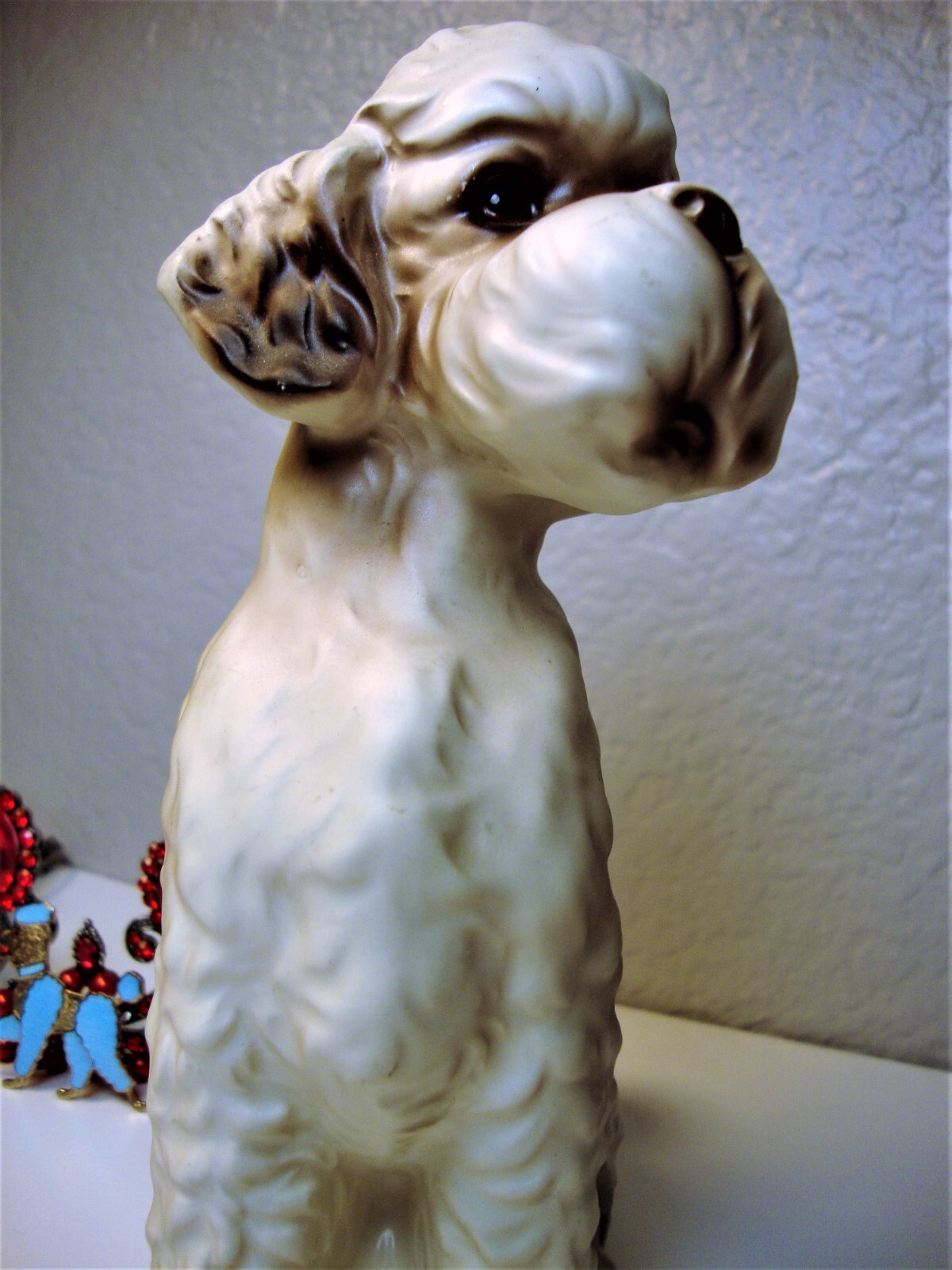 Blue Enamel Cloisonne/Guilloche Goldtone Poodle Brooch & Poodle Statue-Figurine