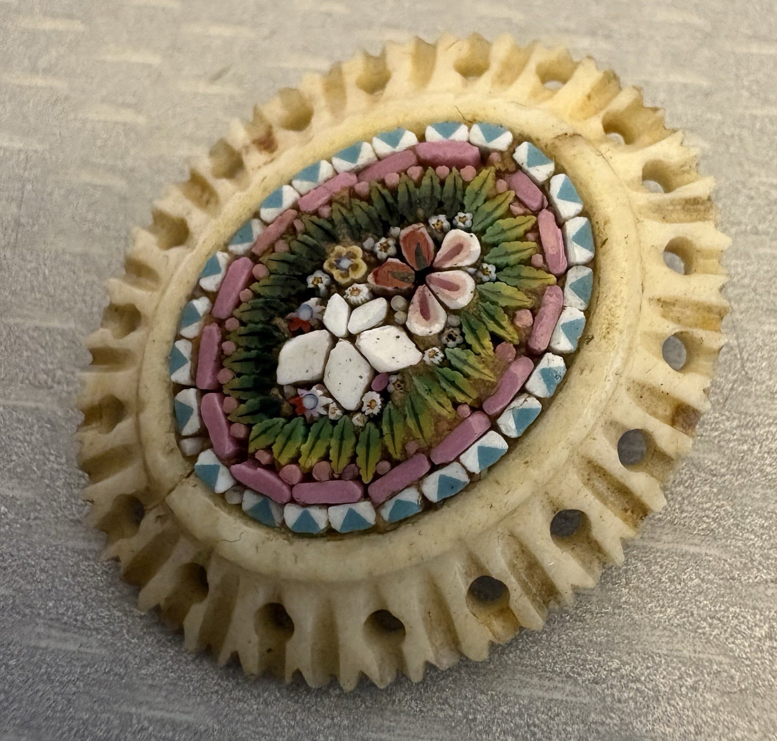 19C Antique Micro Mosaic Brooch Carved Bone Frame Italy Grand Tour missing clasp