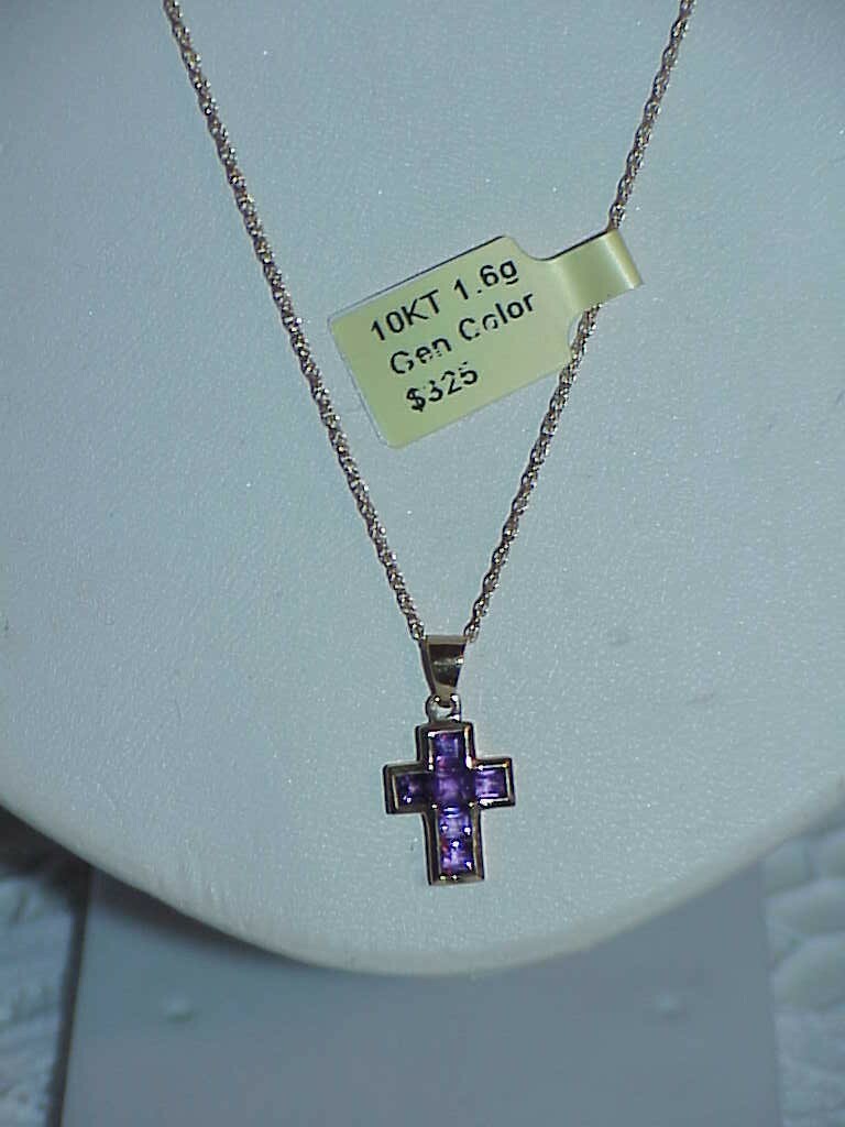 10k Princess Amethyst / Blue Sapphire Cross Pendant Necklace New $325 Diminutive