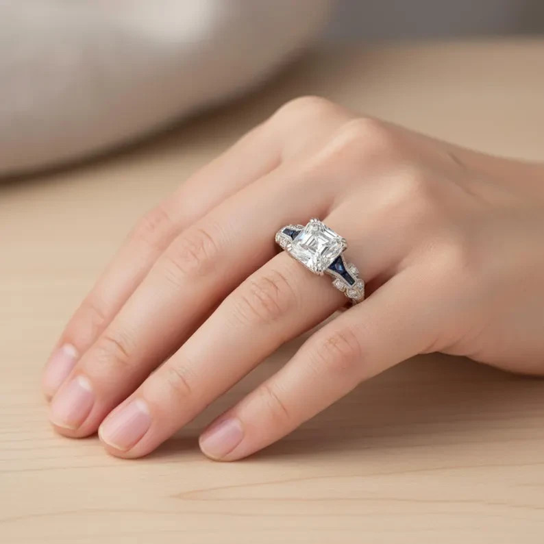 Art Deco Style Asscher Lab Created Diamond & Sapphire 925 Silver Engagement Ring