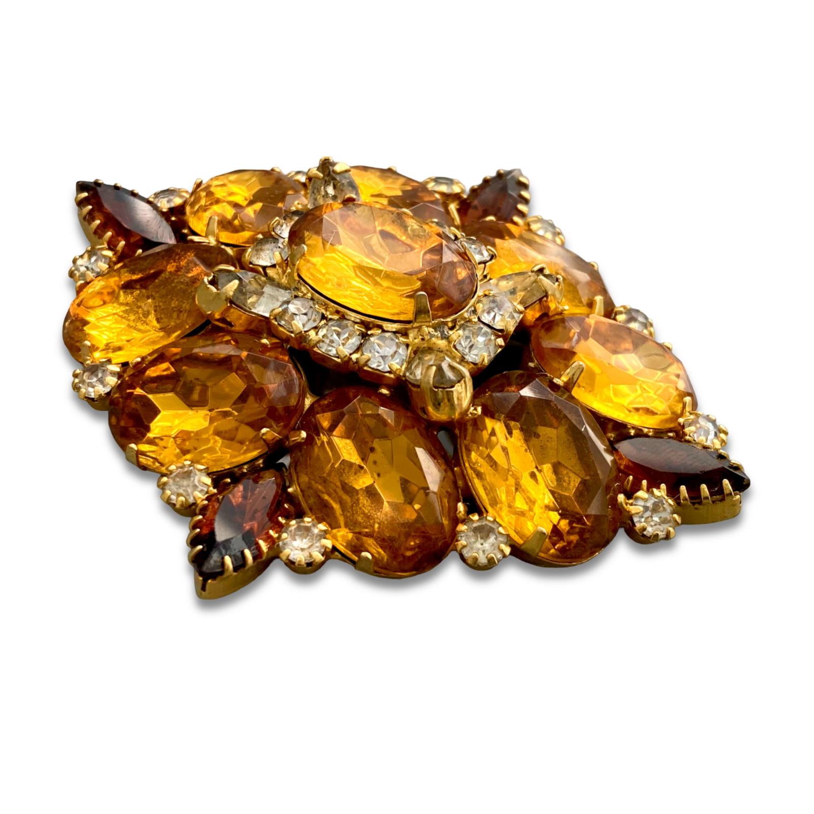 Vintage 1960s Unsigned Brown Golden Yellow Jewel-tone Rhinestone Brooch Pendant