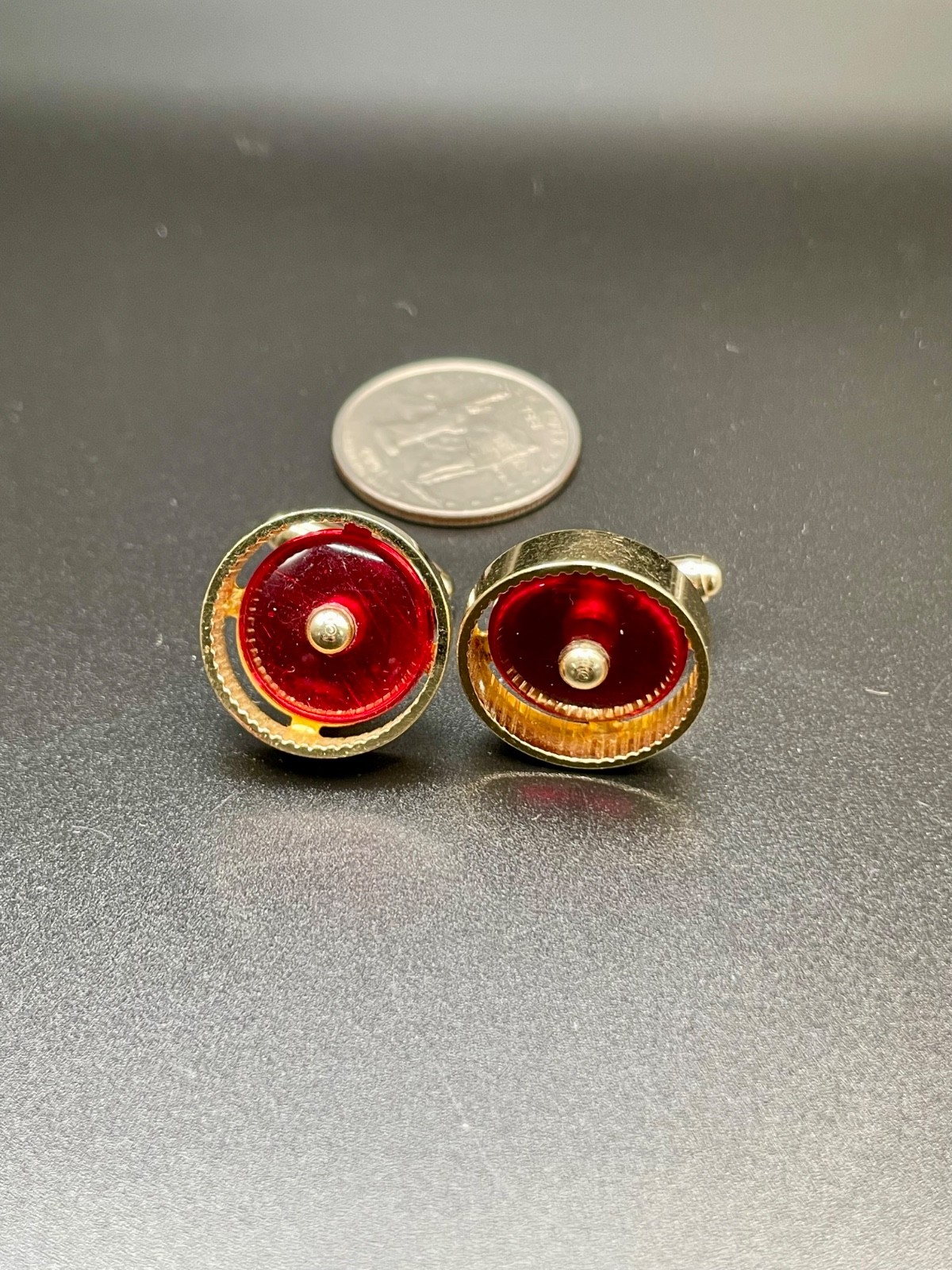 Vintage Anson Gold Tone Mod Red Lucite Floating Ball Round Cufflinks MCM