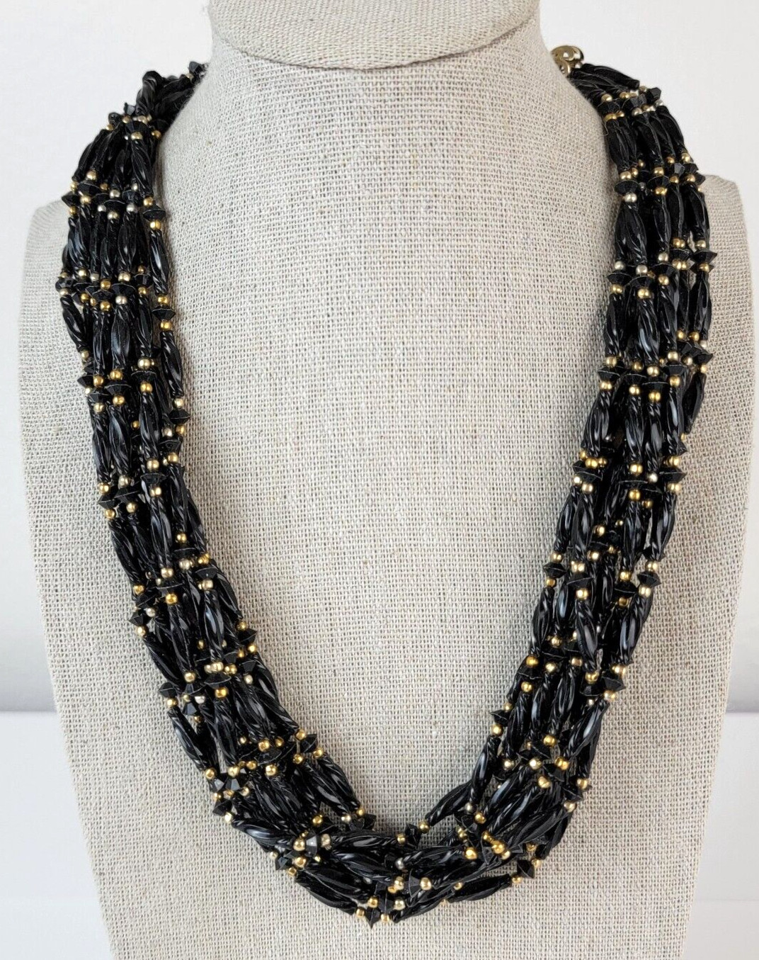 Vintage Hong Kong Black & Gold Seed Bead Multi Strand Necklace 21 in Hook Clasp