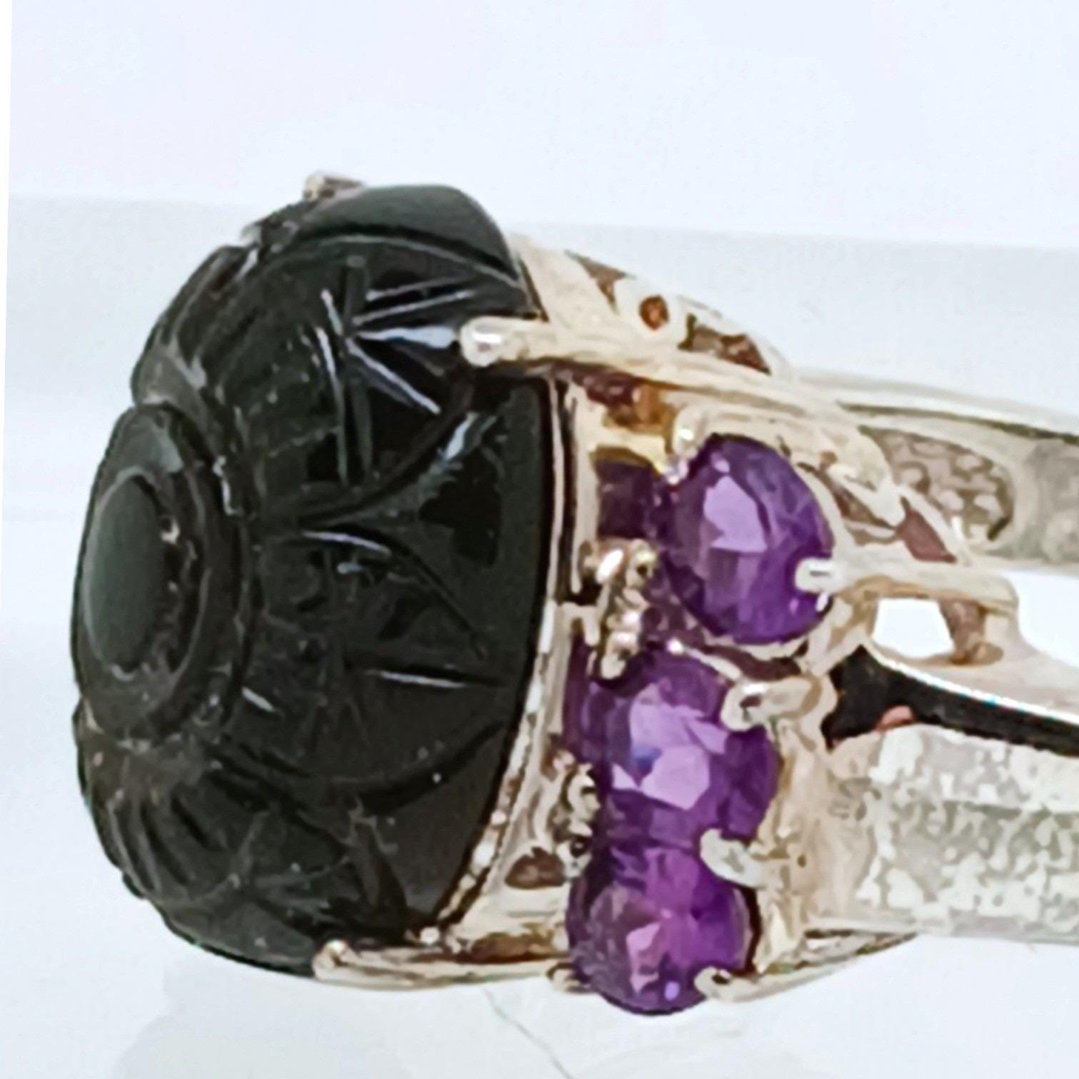 Vintage 1990s Thailand CBS 925 Sterling Silver Carved Onyx Amethyst Ring Size 8