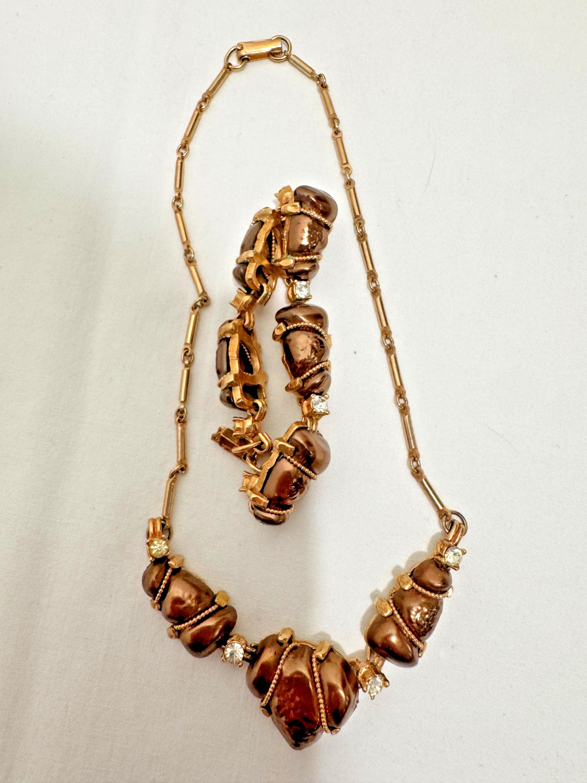 Vtg Bracelet Necklace Set MCM Regency Revival Brown 3D Textured Beads Gold Tone