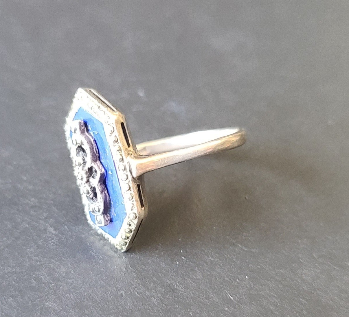 Fancy Antique VTG Art Deco Sterling Silver Lapis Lazuli Marcasite Ring Size 8
