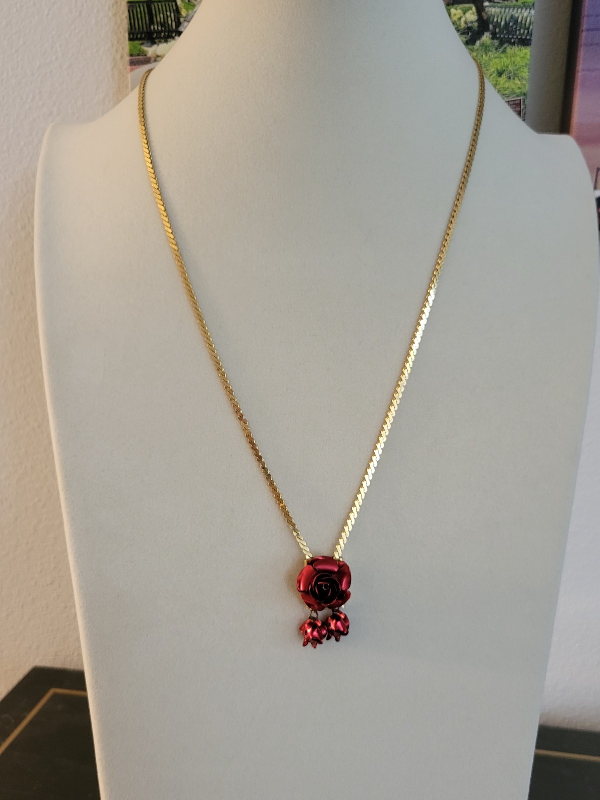 Vintage Metal Enameled RED Rose Jewelry Set Necklace & Earrings with Patent No.
