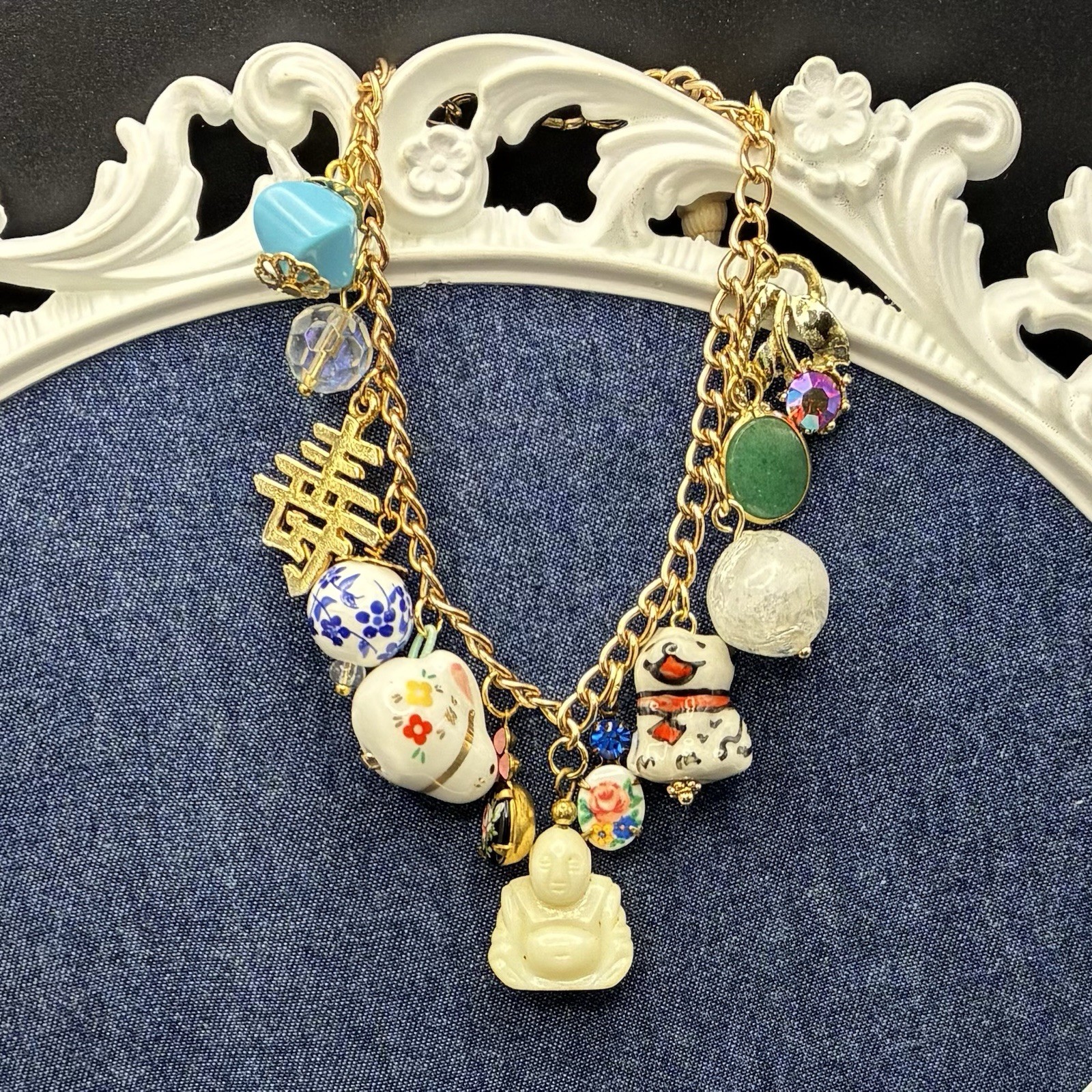 Vintage Eclectic Custom Charm Bracelet + Vtg Charms: Dog, Rabbit,Floral, Buddha+