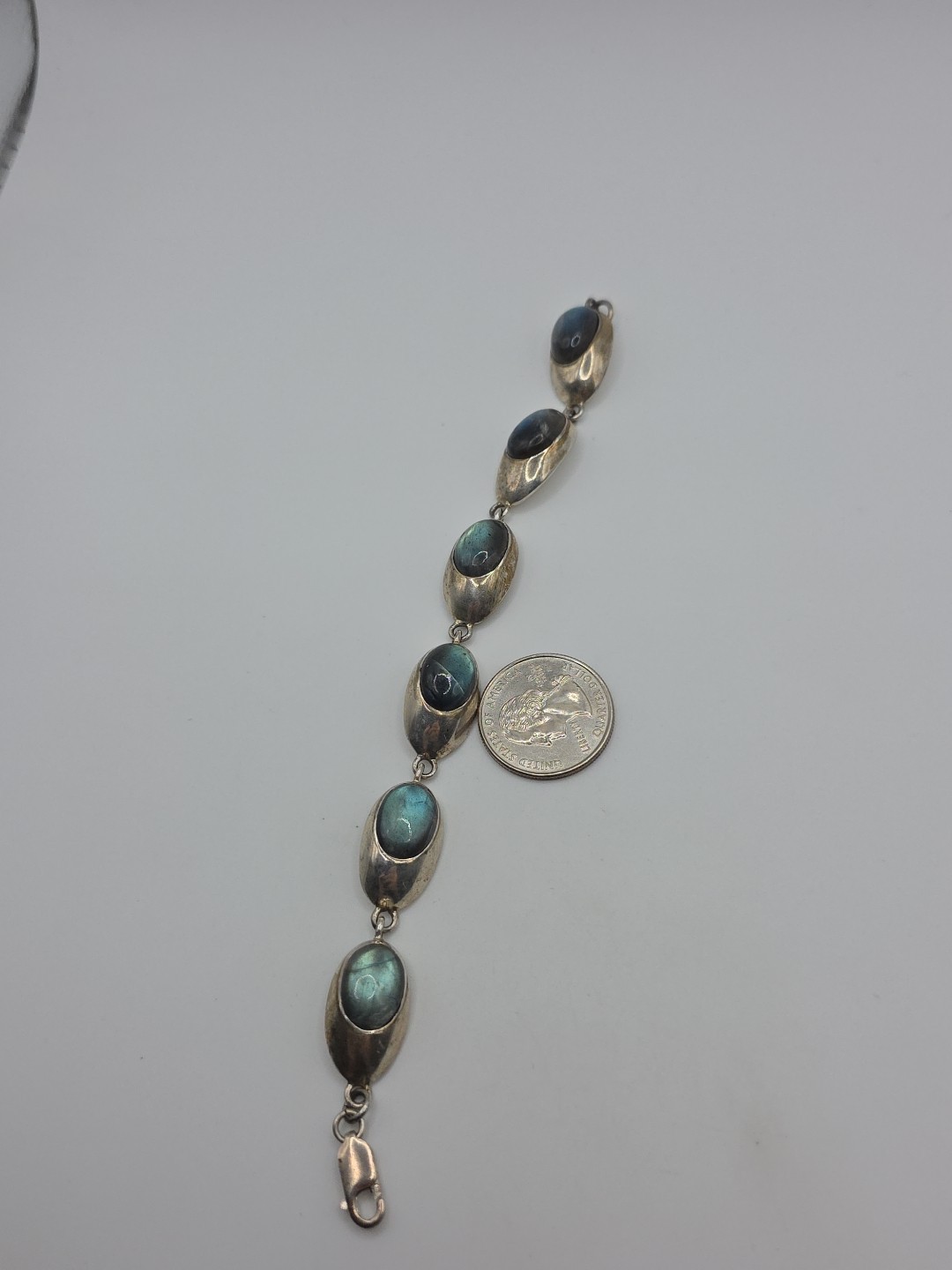 Vintage Sterling Silver 925 Labradorite Oval Link Bracelet 7.25″ 31g