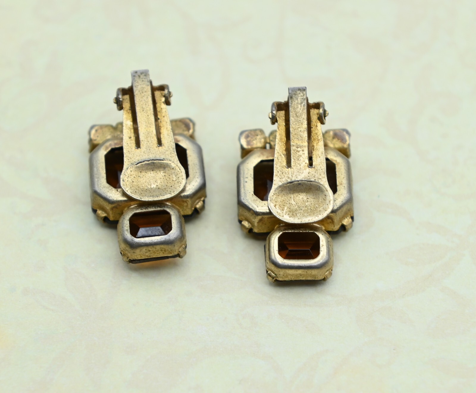Vintage Open Back Golden Brown Rhinestone Gold Plated Clip Earrings
