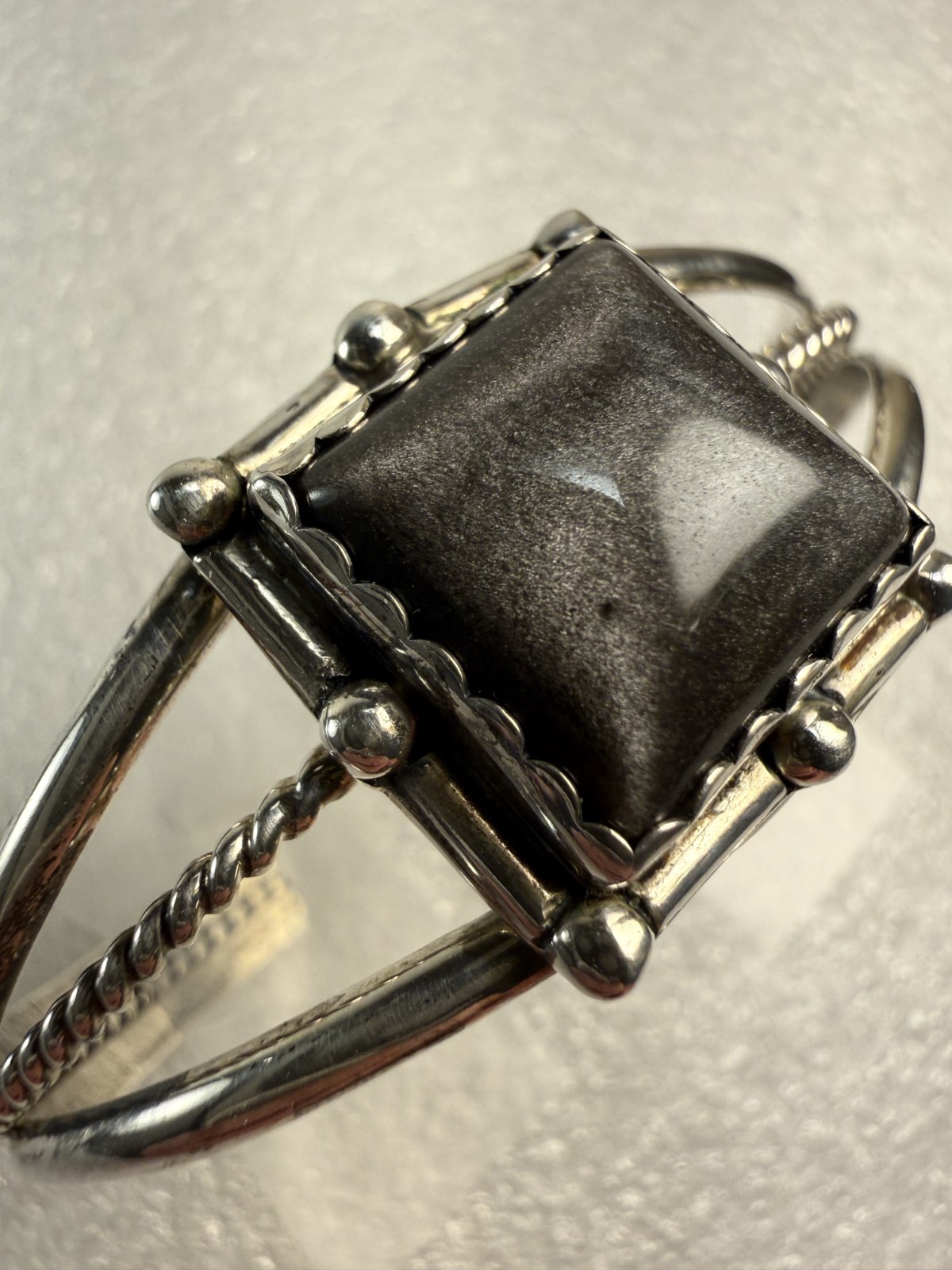 Vintage Sterling Silver Dark Grey Stone Cuff Bracelet
