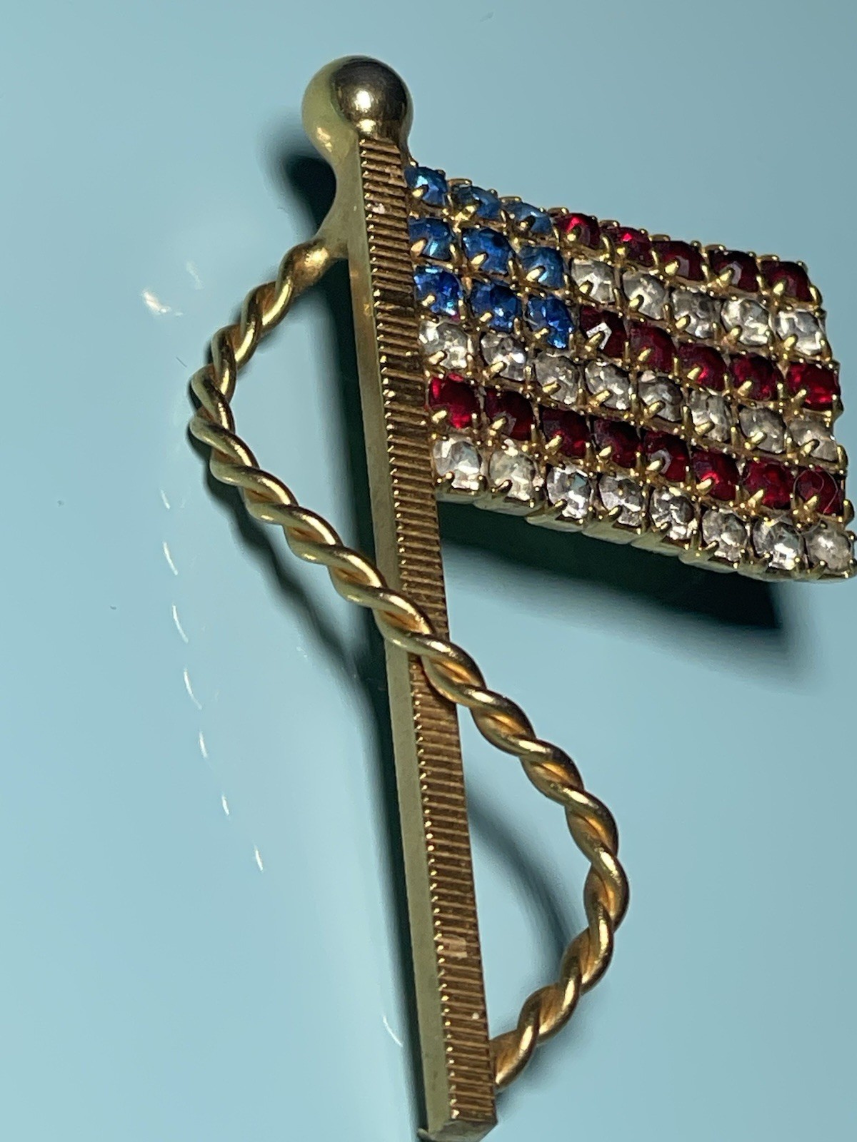 Vintage Rhinestone American Flag Brooch Red White Blue Patriotic Gold Tone Pin
