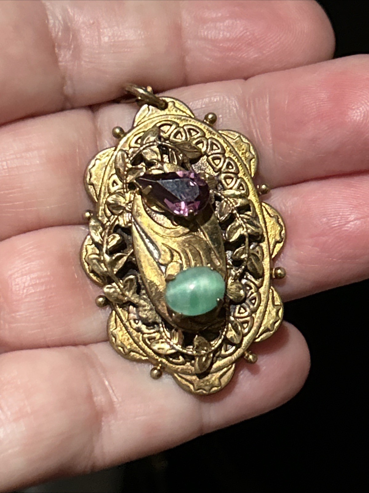 Vintage French Stamp Gold Plate Necklace Art Deco Purple Green Stones Pendant