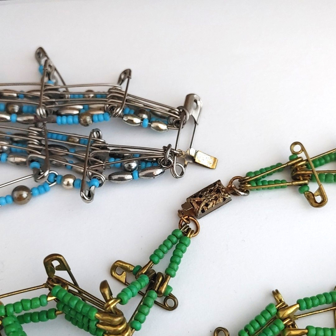2 Vintage Safety Pin Beaded Necklaces Southwestern Style Blue Green Lot