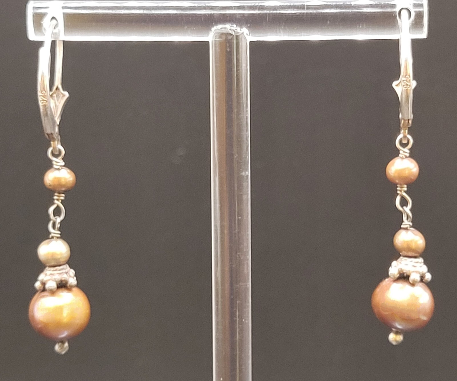 Vintage GOLDEN BROWN PEARL & Sterling Silver Earrings BOHO Ethnic GYPSY Pagan