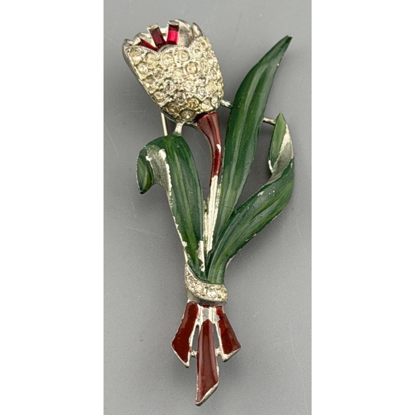 Vintage Coro Brooch Adolph Katz Trembler Tulip Flower Rhinestone Pot Metal