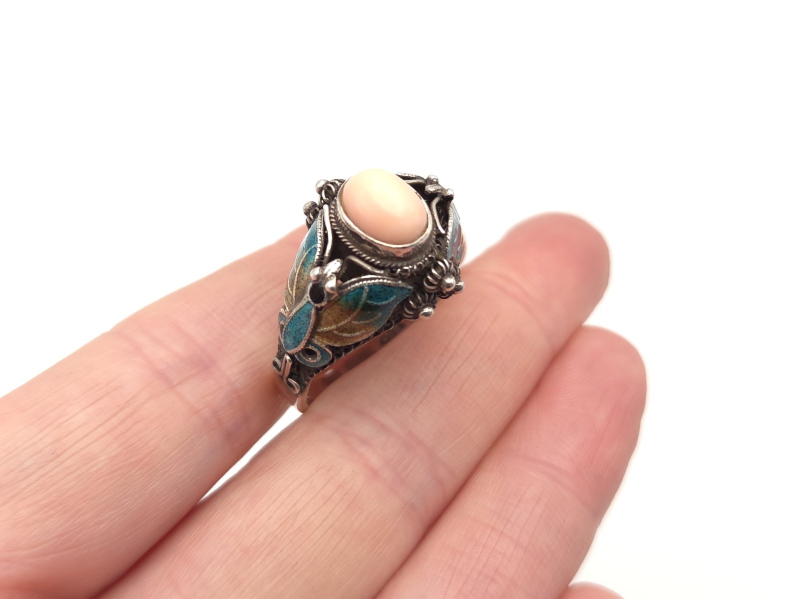 Vintage BJ Designer Sterling Silver Enamel Butterfly Pink Coral Ring Sz. 9