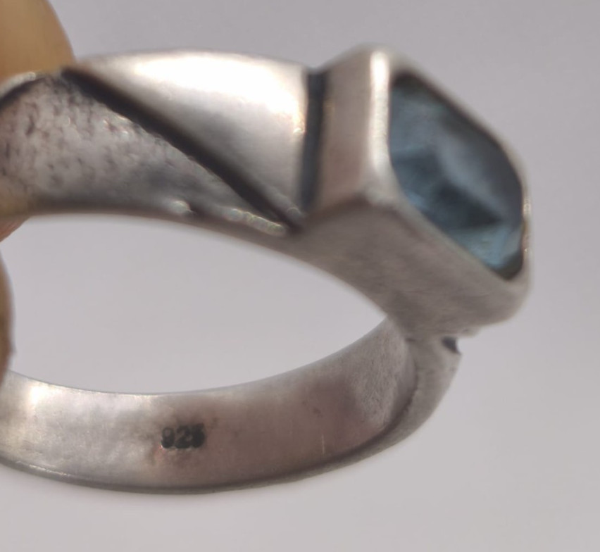 Vintage 925 Sterling Silver Ring Blue Faceted Rectangular Stone Artisan Handmade