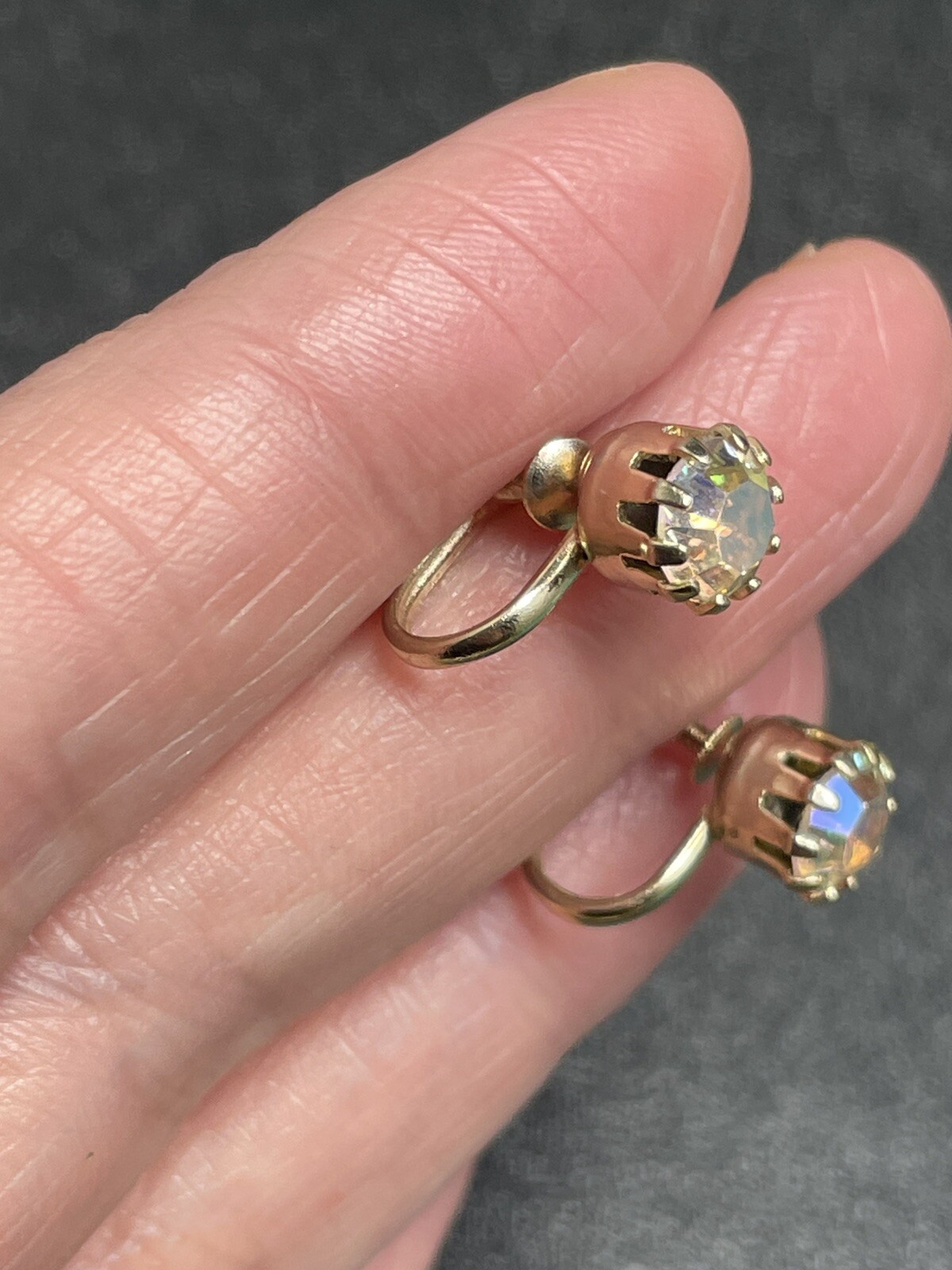 Vintage AB Crystal Rhinestone Gold Tone Screw Back Earrings