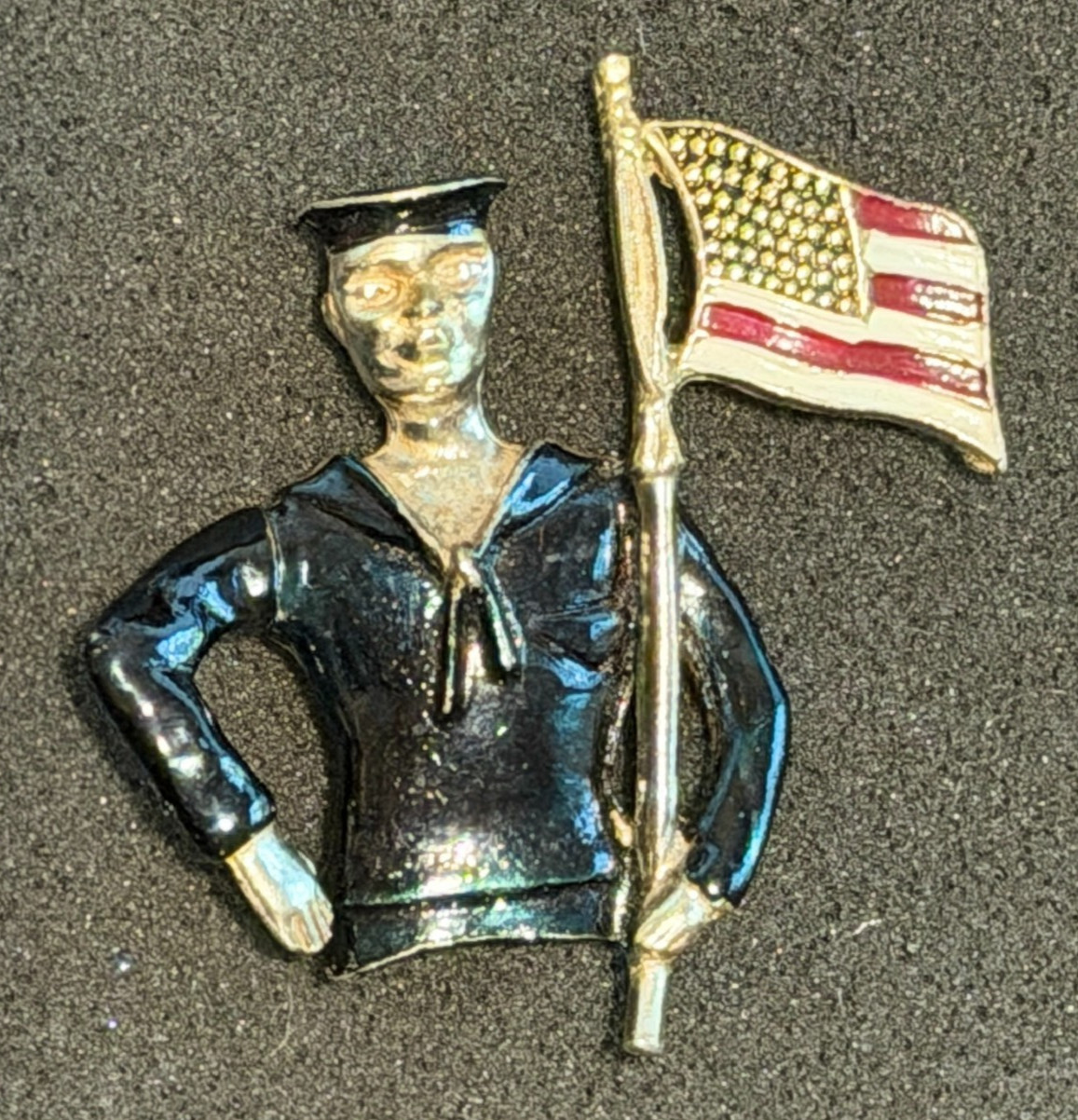 Vintage Enamel Sailor Pin with Saluting Arm and American Flag 1940s