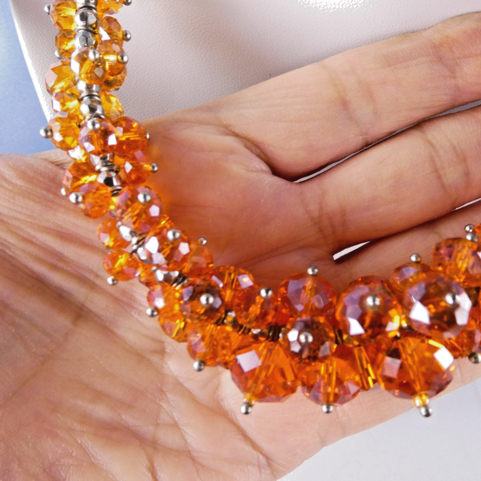 Pretty Glass Crystal ORANGE Beaded Necklace Silver Tone Fashion Jewelry SPARKLE!