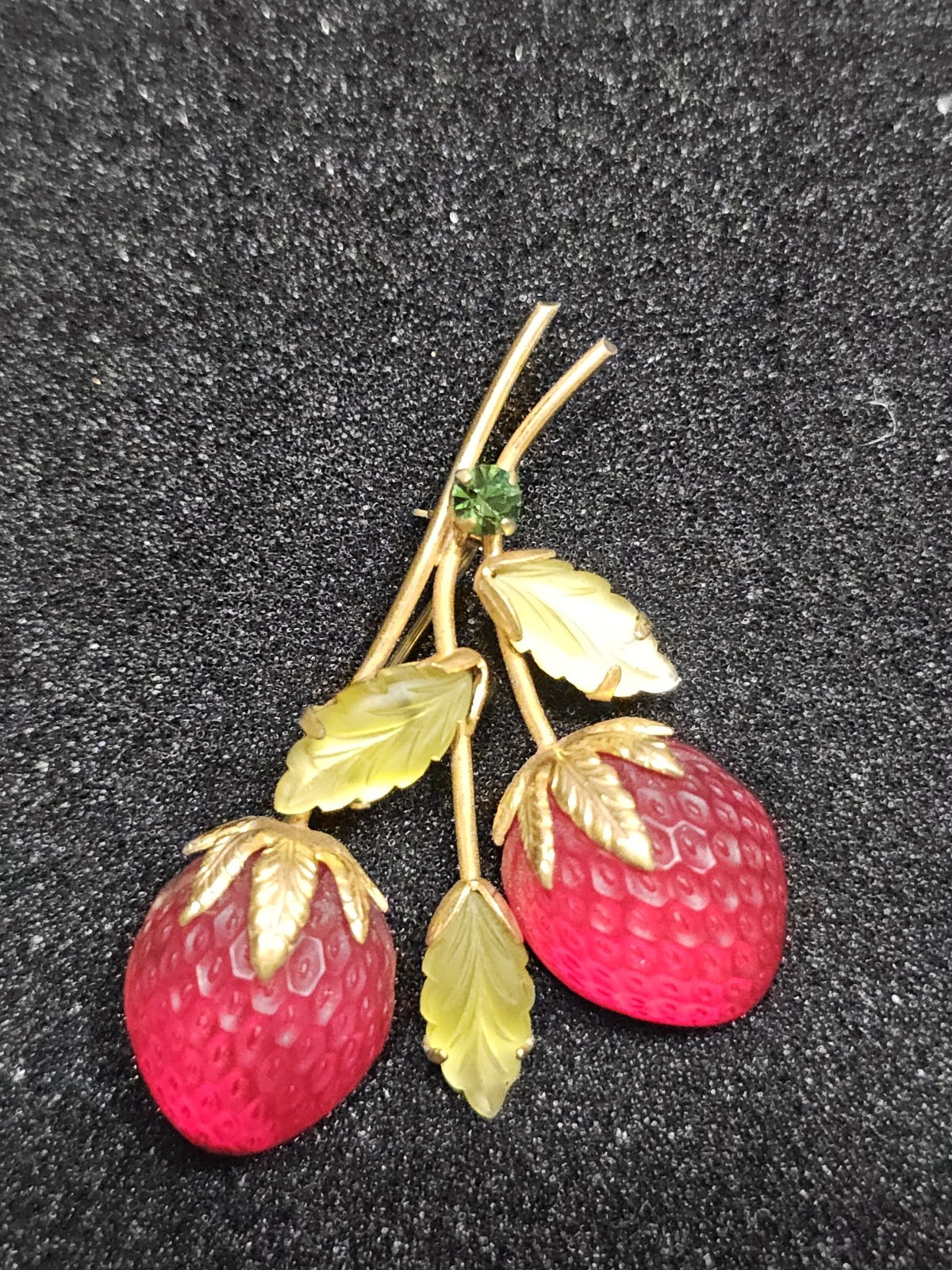 Vintage Austria Strawberry Brooch Frosted Red Glass Fruit Rhinestone Pin