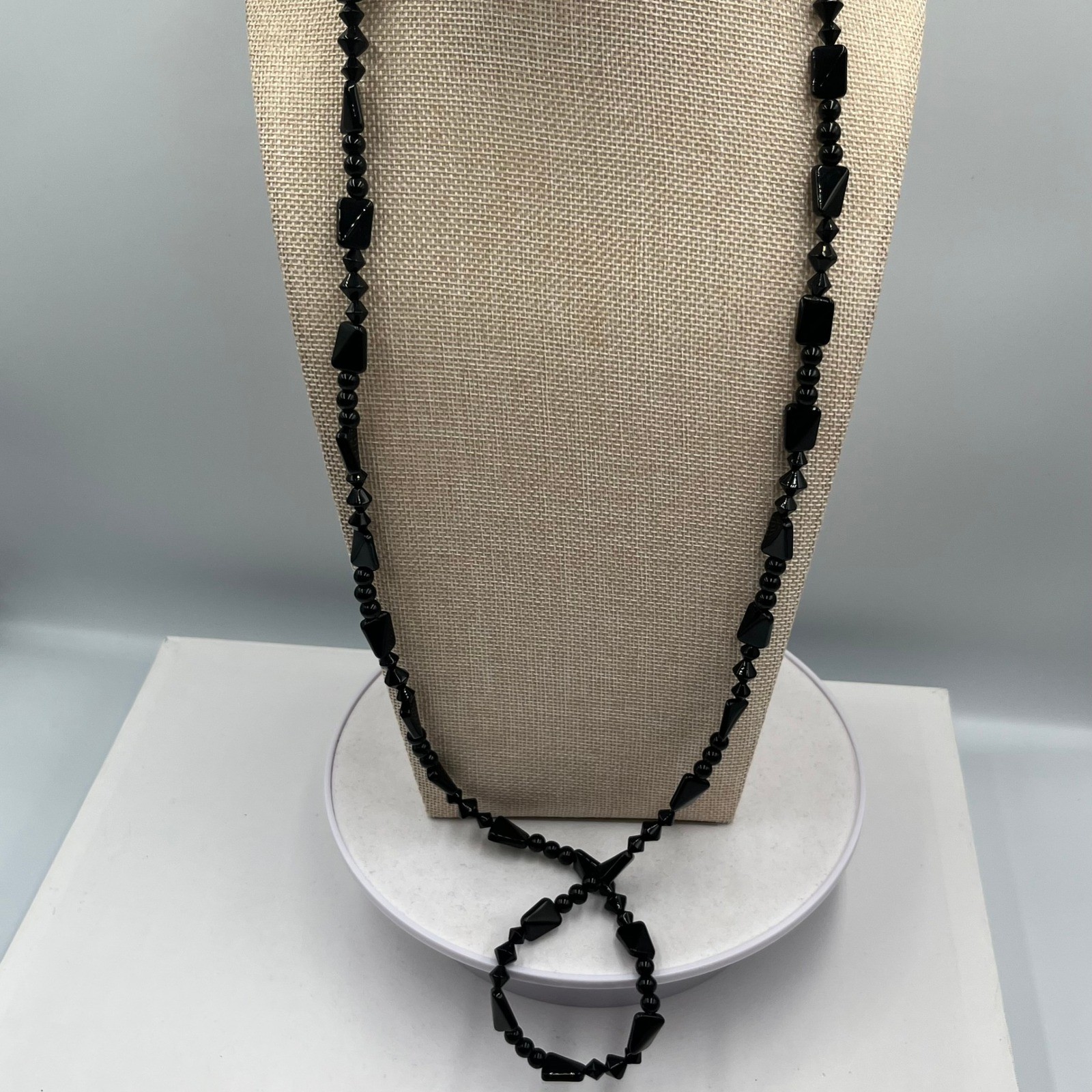 Vintage Double Strand Jet Black Beaded Statement Necklace Mixed Shapes Art Deco