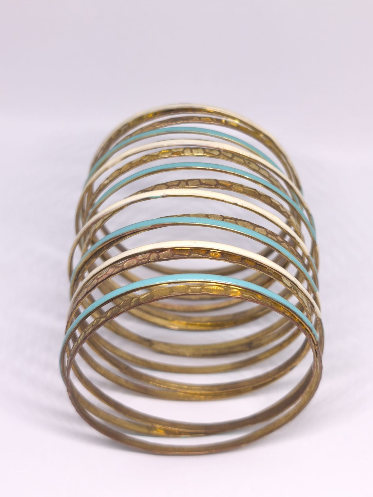 Vintage Copper Brass Bangle Bracelet Set Turquoise White Enamel Stackable Boho