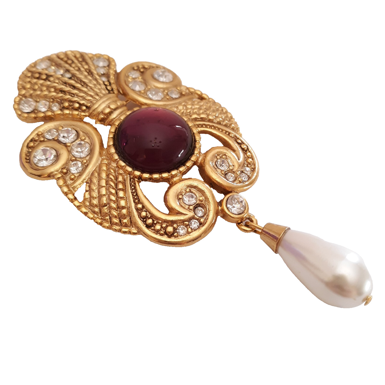 Vintage Jeff Lieb Brooch Large Ornate Cabochon Faux Pearl Teardrop Rhinestones