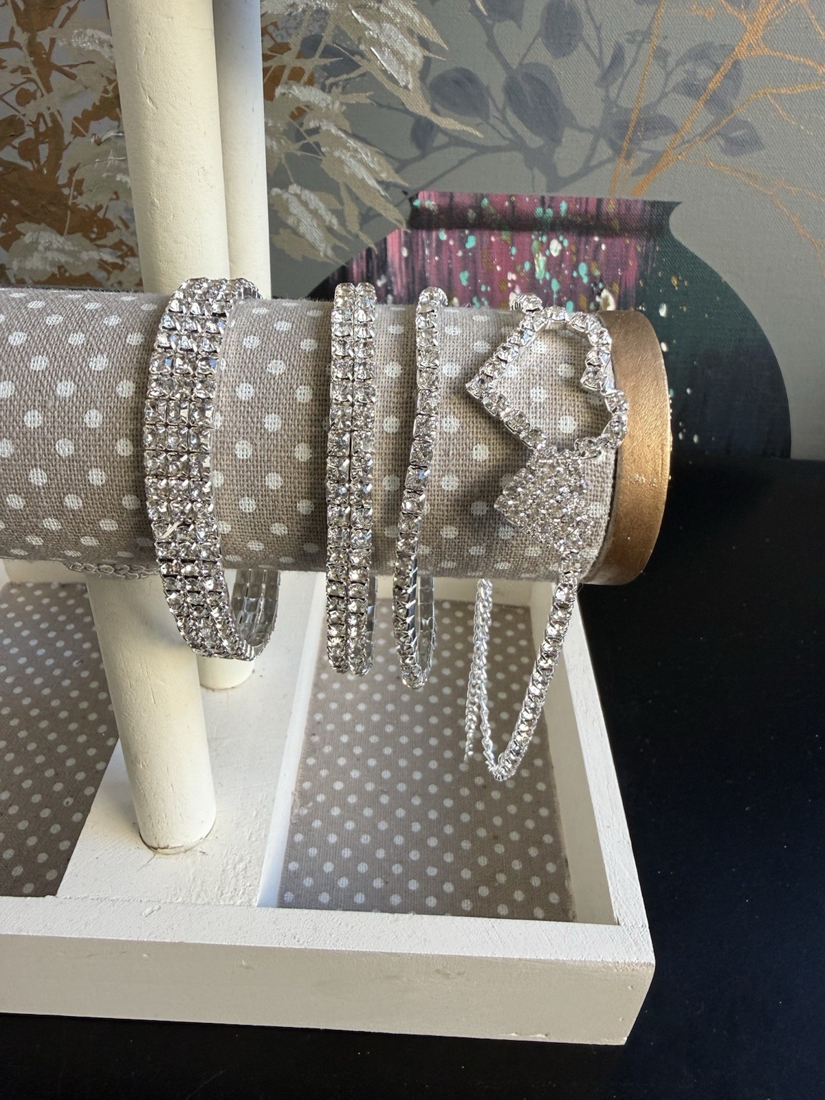 Rhinestone Jewelry Lot – 4 Bracelets, 3 Brooches & 1 Ring, All Crystals Intact