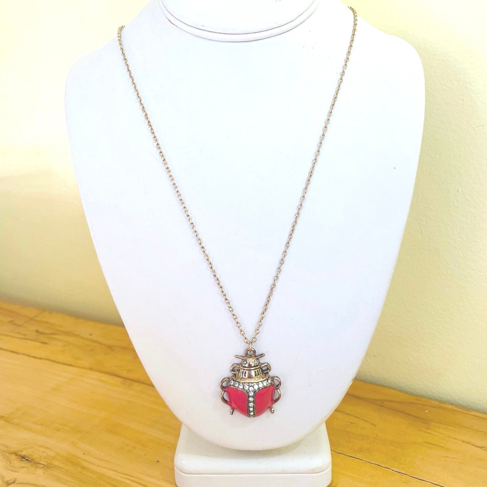 Scarab Beetle Pink-Coral Enamel Rhinestone Necklace Pendant Long Chain Charm